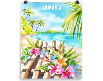 Jamaica Watercolor Beach Print, Tropical Island Palm Trees Wall Art