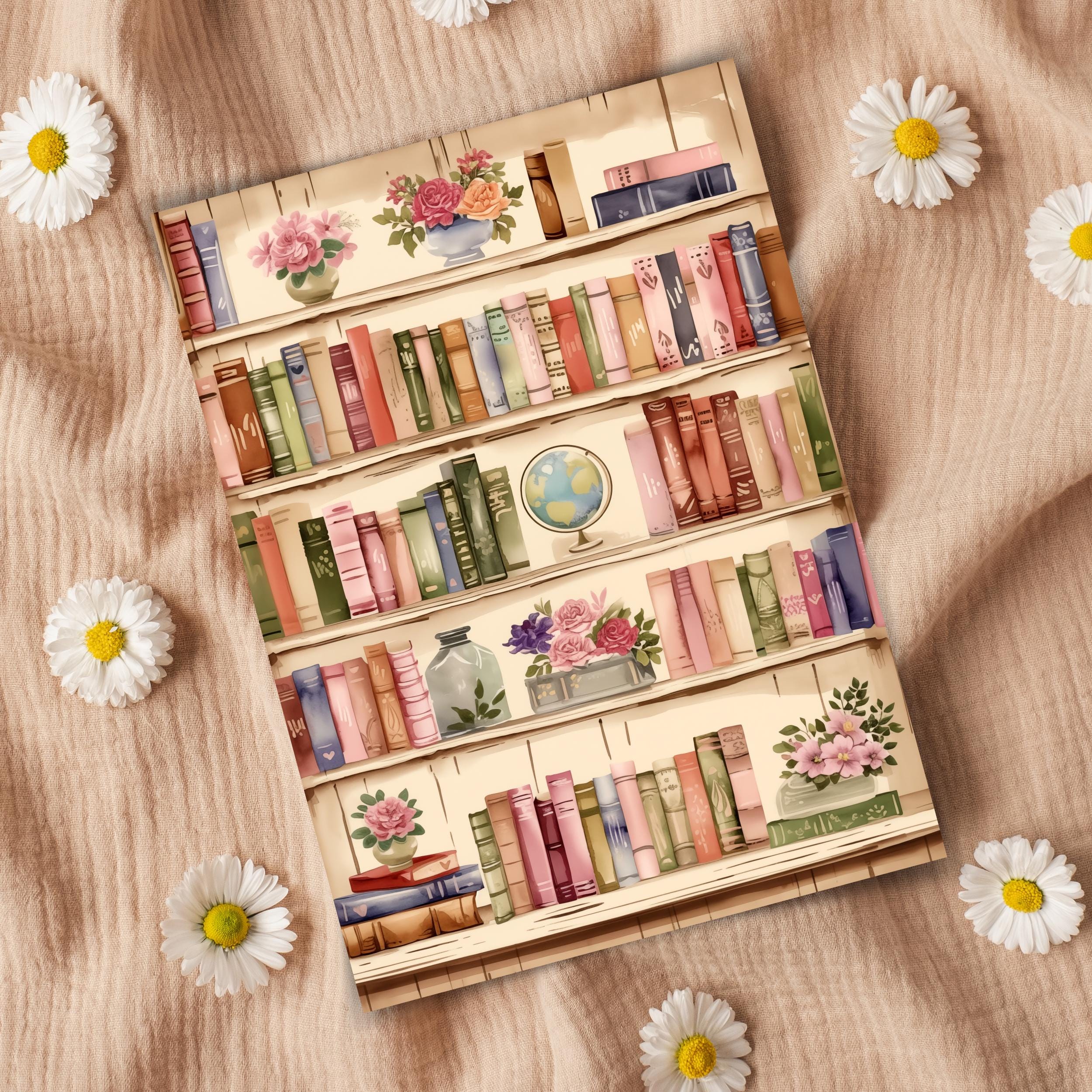 Retro Bookshelf Watercolor Print, Vintage Library Wall Art, Book Lover ...