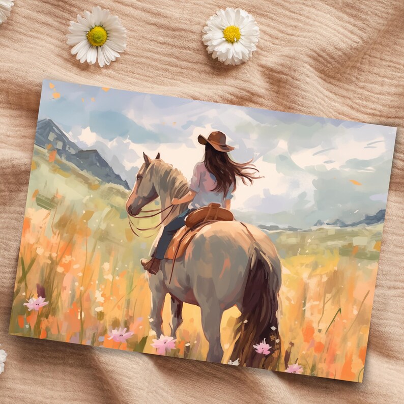 May include: An artistic print showing a person riding a horse through a field of wildflowers. The rider wears a brown hat and is seen from the back. The horse is light grey, and the background features mountains and a cloudy sky.