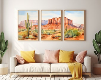 May include: Three watercolor paintings of a desert landscape with red rock formations and cacti. The paintings are framed in natural wood frames and are hung on a white wall.