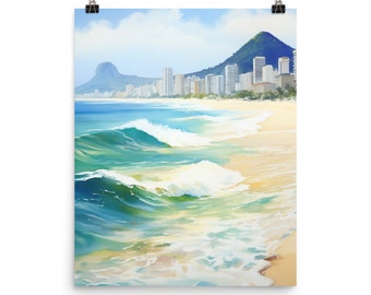 Copacabana Beach Watercolor Print, Rio de Janeiro Wall Art, Brazil Poster, South America Coastal Decor, Sugarloaf Mountain Artwork, Tropical