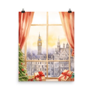 Christmas in London Watercolor Print | Christmas Wall Art | England Travel Gift | English Decor | Big Ben | Holiday Season Art | UK Poster