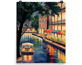 San Antonio Riverwalk Watercolor Print, Texas Night Cityscape Wall Art, Alamo Canal Poster