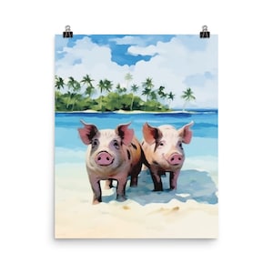 May include: Two pink pigs with black spots stand on a white sandy beach with blue water and a tropical island in the background.