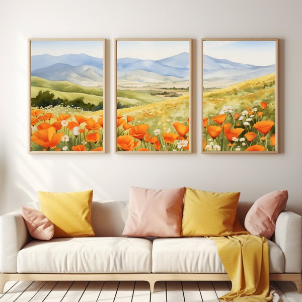 Antelope Valley Watercolor Print | Set of 3 | California Travel Gift | Poppy Wildflowers | Orange Poppy Art | Countryside Decor | Landscape