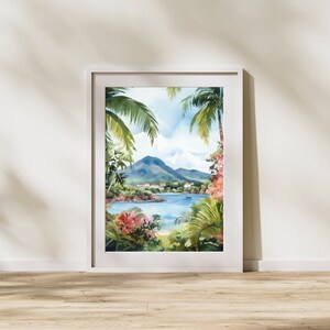 May include: A watercolor painting of a tropical island scene. Lush green palm trees frame a view of a blue bay with a small boat. A green mountain range rises in the background.