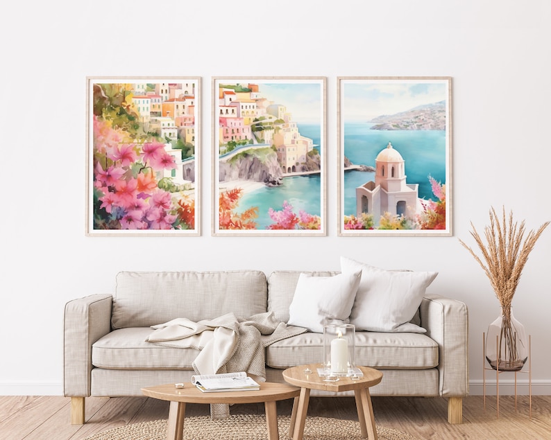 Amalfi Coast Watercolor Print Set of 3, Italy Coastal Wall Art ...