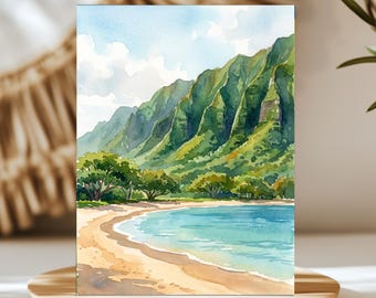 Kahana Bay Oahu Hawaii Watercolor Wall Art, Print or Canvas