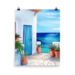 Mediterranean House Watercolor Print | Blue Door Wall Art | Coastal Decor | Seaside Painting | Sea View Artwork | Tropical Island Poster