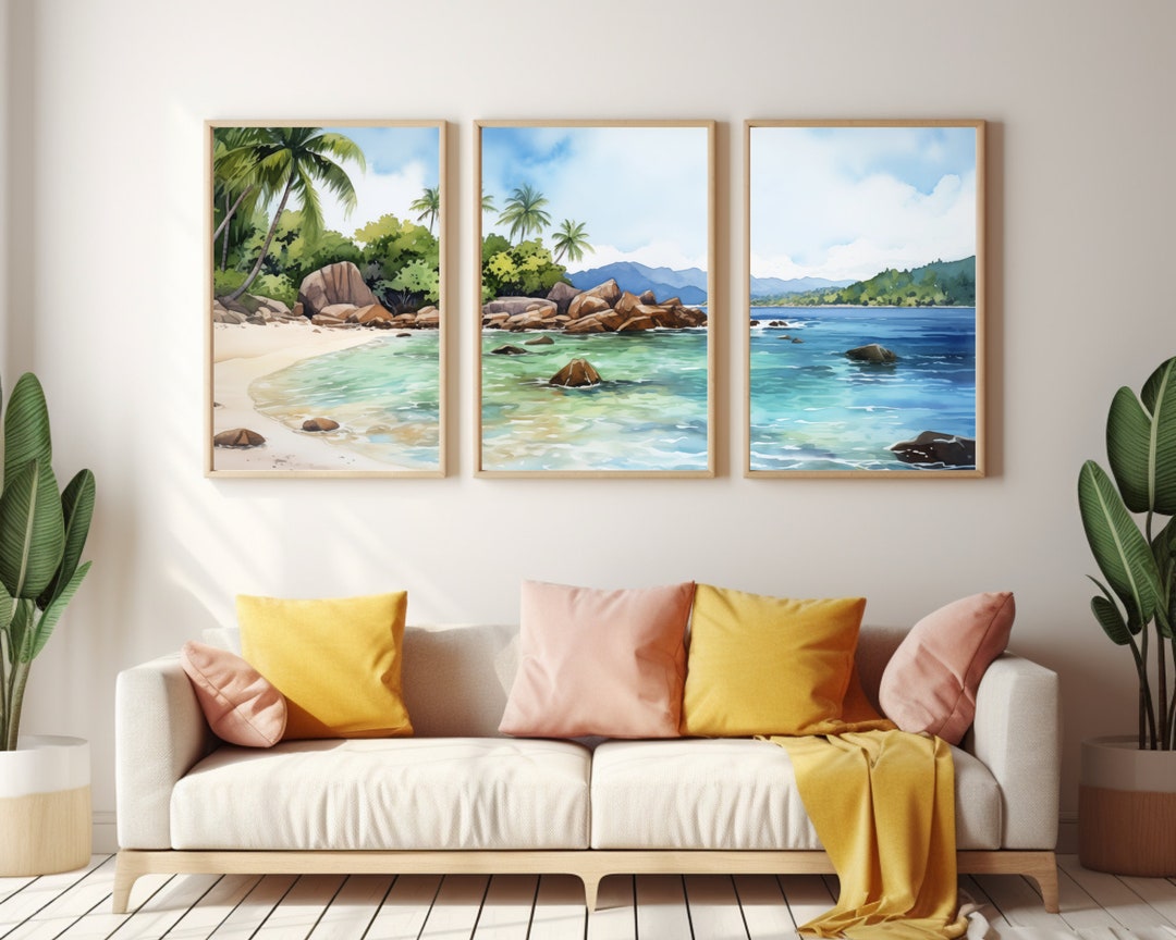 Seychelles Watercolor Print Set of 3, Tropical Beach Coastal Wall Art ...