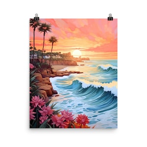 San Diego Watercolor Print, Coastal Ocean View Wall Art, Mission Beach Sunset Poster