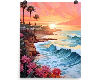 San Diego Inspired Sunset Surf Print, Pink Flowers and Palms Along a Rocky Coast, California Ocean Wall Art