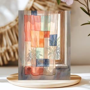 May include: A watercolour painting of a sheer patchwork curtain hanging in a window. The curtain features rectangular panels in shades of orange, red, blue, and pale yellow. Through the translucent fabric, the silhouette of a potted plant is visible.