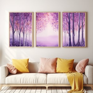 Lavender Forest Watercolor Print | Set of 3 | Purple Trees Art | Forestscape | Woods Decor | Woodland Poster | Purple Nature | Violet Tree