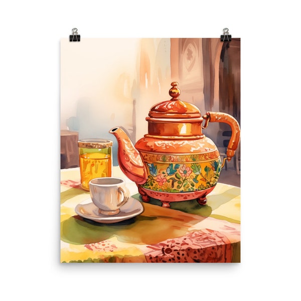 Indian Chai Watercolor Print | India Travel Gift | Kettle Art | Kitchen Home Decor | Tea Cup Art | Restaurant Poster | Indian Tea | Delhi