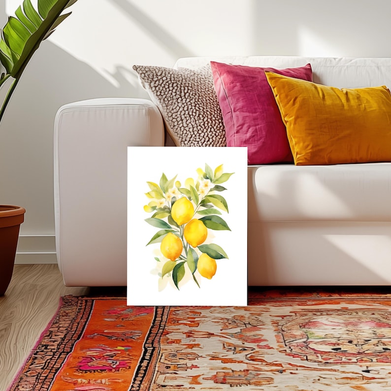 May include: A vertical rectangular print featuring a watercolor illustration of a lemon branch with four bright yellow lemons, green leaves, and small white blossoms against a plain white background, presented as a piece of wall art.