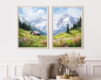 Mont Blanc Inspired Set of 2 Prints, Alpine Chalet and Snowy Peaks with Flowering Meadows, French Alps Watercolor Wall Art
