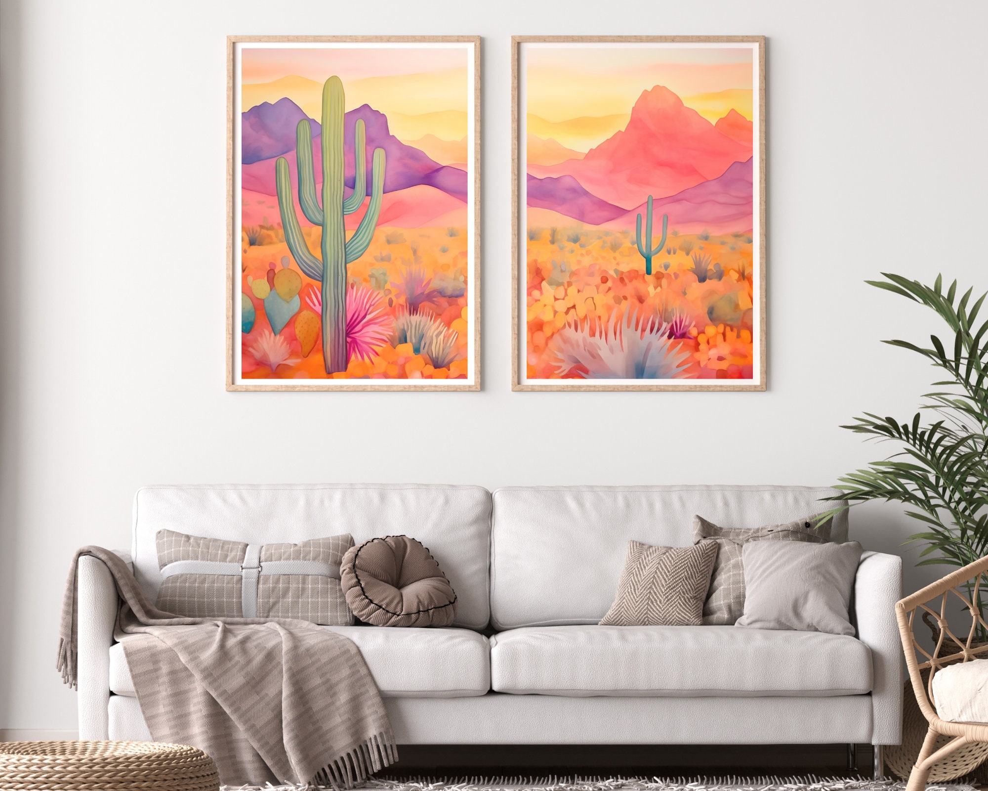 Pink Desert Watercolor Print, Set of 2, Cactus and Mountain Wall Art ...