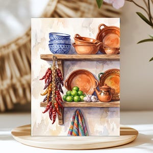 May include: A watercolor illustration of two wooden shelves holding kitchenware. The top shelf features blue and white patterned bowls and terracotta pots. The bottom shelf displays terracotta plates, a teapot, green limes, and garlic.