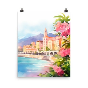 Menton Watercolor Print | France Travel Gift | French Riviera Wall Art | Mediterranean Home Decor | Coastal Europe Travel Poster | Seaside