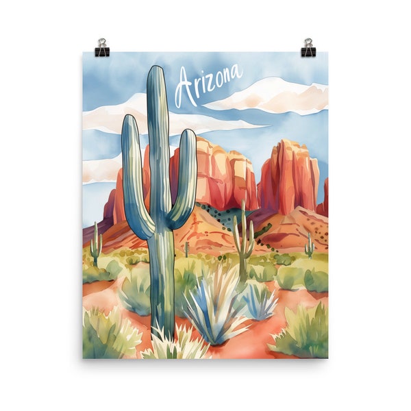 Arizona Watercolor Print | Arizona Travel Gift | Desert Landscape Decor | Arizonan Wall Art | Cactus Painting | Red Rocks | Southwest Art