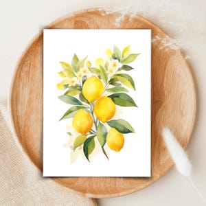 May include: A watercolor illustration on a white rectangular background featuring a cluster of four bright yellow lemons hanging from a branch with green leaves and small white blossoms, rendered in soft, blended paint strokes and washes.