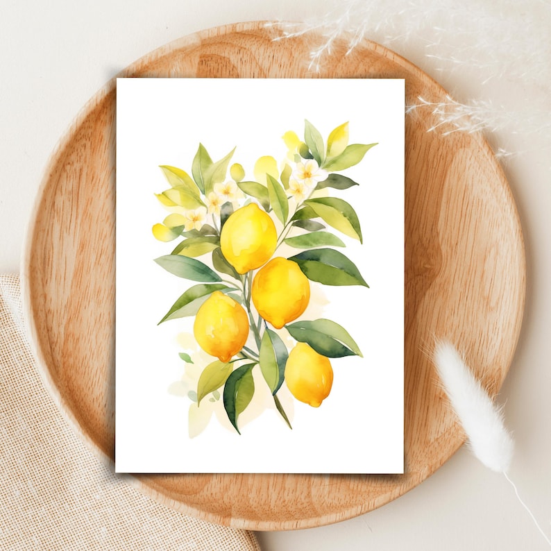 May include: A watercolor illustration on a white rectangular background featuring a cluster of four bright yellow lemons hanging from a branch with green leaves and small white blossoms, rendered in soft, blended paint strokes and washes.