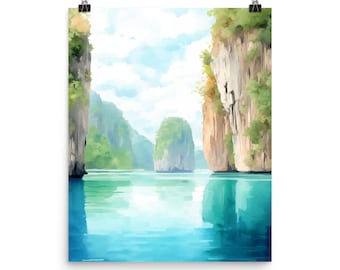 May include: A watercolor painting of a tropical landscape with tall cliffs on either side of a calm body of water. The water is a vibrant blue and green, reflecting the sky and the cliffs. The cliffs are covered in lush green foliage.