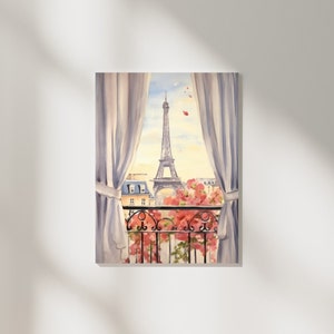 May include: A watercolor painting depicting a view from a window with white curtains pulled back to reveal the Eiffel Tower in the distance. A black wrought iron balcony railing is visible in the foreground, adorned with vibrant pink flowers.