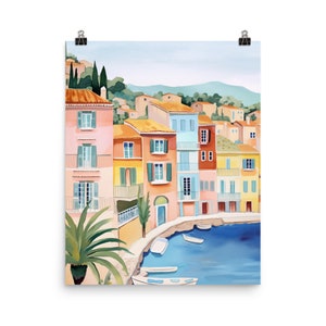 French Riviera Watercolor Print | Côte d&#39;Azur | Mediterranean Decor | France Travel Gift | Coastal Cityscape | French Riviera Art | Seaside