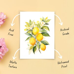 May include: A rectangular art print featuring a watercolor illustration of yellow lemons and green leaves on a white background. Text labels point to the print, stating Acid Free, Archival Grade, Matte Texture, and Unframed Print.