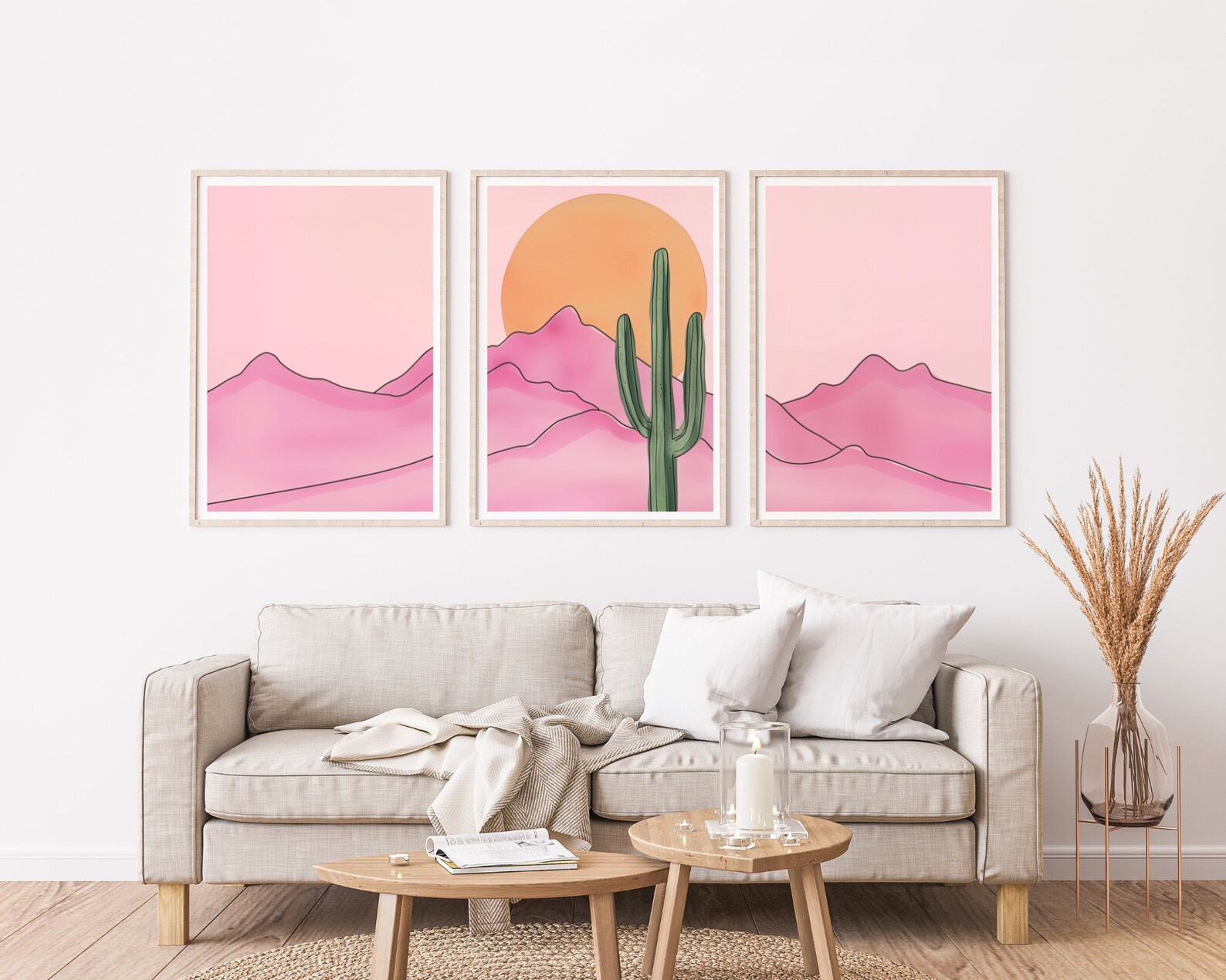 Retro Pink Desert Watercolor Print Set of 3, Saguaro Cactus Wall Art ...
