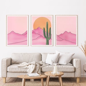 Retro Pink Desert Watercolor Print Set of 3, Saguaro Cactus Wall Art ...