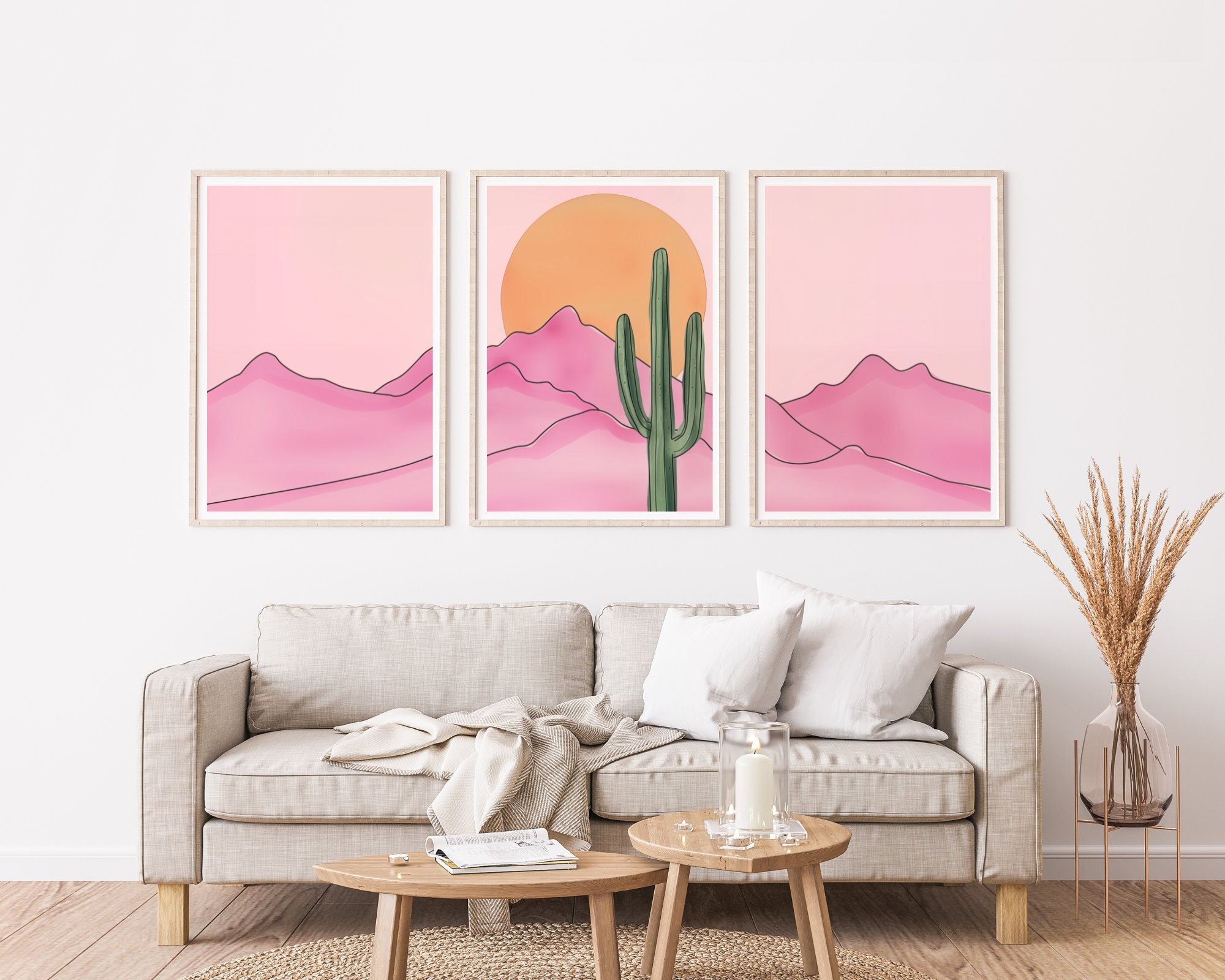 Retro Pink Desert Watercolor Print Set of 3, Saguaro Cactus Wall Art ...