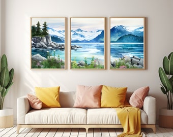 Kenai Fjords Watercolor Print | Set of 3 | Alaska Travel Gift | Alaskan Nature Wall Art | Alpine Landscape Decor | Coastal Mountains Poster