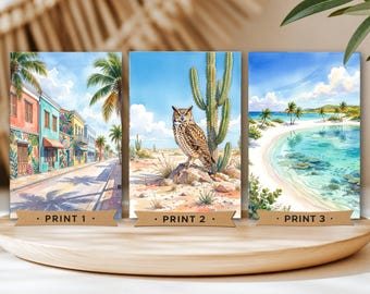Aruba Set of 3 Watercolor Prints Canvas, Caribbean Island Wall Art, Dutch Caribbean Travel Decor