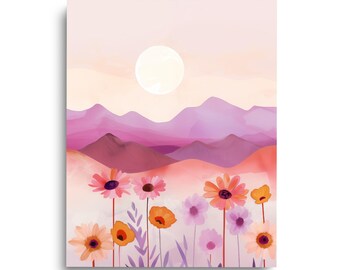 May include: A digital art print featuring a landscape with layered purple and pink mountains under a pale sun. The foreground displays a variety of colorful wildflowers in shades of orange, pink, and cream, set against a soft, hazy background.