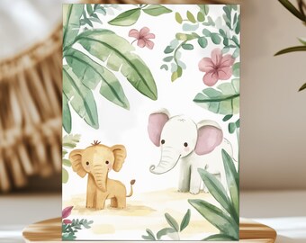 Mother and Baby Elephant Nursery Print, Floral Safari Art on Paper or Canvas