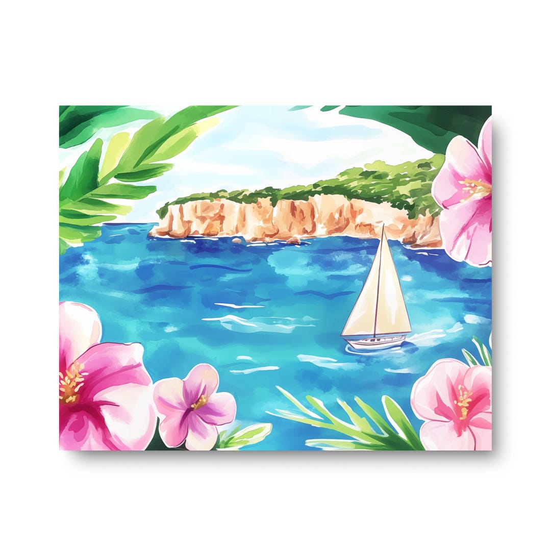 Mediterranean Seascape Watercolor Print, Coastal Sailboat Wall Art ...
