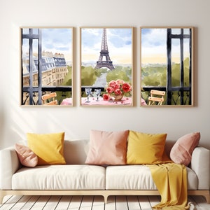 Paris Balcony Watercolor Print | Set of 3 | Eiffel Tower Poster | Parisian Decor | Europe Wall Art | French Cityscape | France Travel Gift