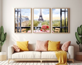 Paris Balcony Watercolor Print | Set of 3 | Eiffel Tower Poster | Parisian Decor | Europe Wall Art | French Cityscape | France Travel Gift