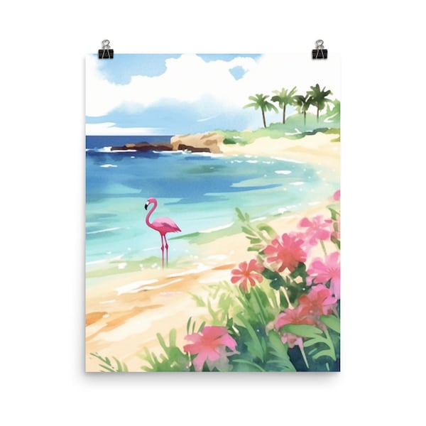 Flamingo Beach Watercolor Print | Aruba Travel Gift | Tropical Beach Wall Art | Carribean Home Decor | Exotic Island Wall Decor | Palm Trees