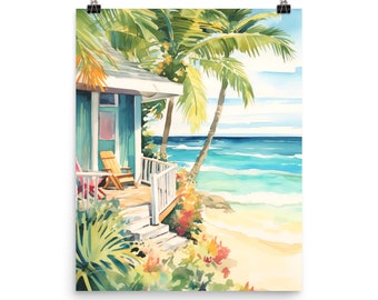 Op de afbeelding: Aquarelprint van een tropische strandscène. Een turquoise strandhuis met een houten stoel op de veranda is omgeven door palmbomen en kleurrijke bloemen. De oceaan is een levendig blauw.