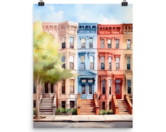 Brooklyn Brownstone Watercolor Print, Colorful Urban Street Art, New York Cityscape Poster