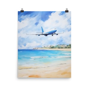 St Maarten Watercolor Print | Caribbean Travel Gift | Aviation Wall Art | Maho Beach | Tropical Decor | Plane Landing | Airplane Poster