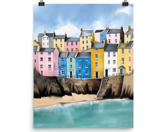 Tenby Harbour Watercolor Print, Colorful Welsh Seaside Wall Art, Coastal Cityscape Poster, UK Travel Decor, Waterfront Homes Artwork