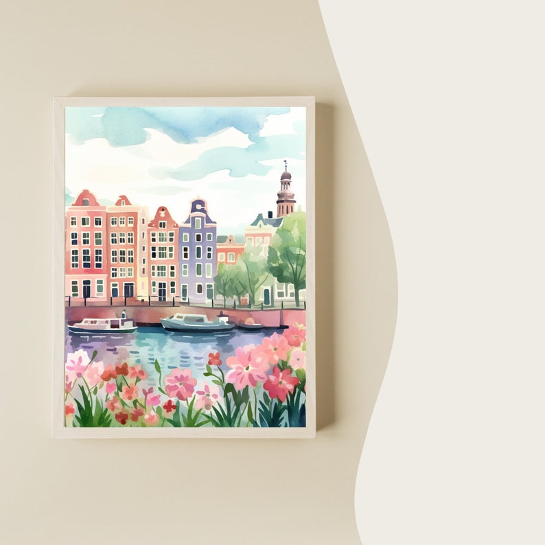 May include: Watercolor painting of a canal scene in Amsterdam, Netherlands. The painting features colorful buildings, a canal with boats, and a lush green tree. The sky is blue with white clouds. Pink flowers are in the foreground.