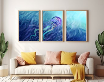 Mystical Jellyfish Set of 3 Watercolor Prints, Gallery Wall Art, Triptych Print Set
