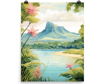 Mauritius Watercolor Print, Tropical Island Wall Art, Indian Ocean Seascape Poster, Mountain Rainforest Decor, Exotic Africa Travel Artwork