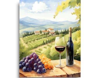 Puede incluir: Una pintura de un paisaje de viñedo con una copa de vino tinto, una botella de vino tinto y uvas. La pintura es de estilo acuarela y presenta una colina ondulada con un pequeño pueblo en la distancia.